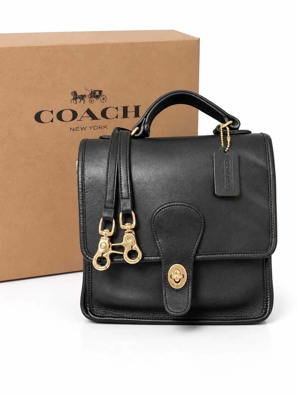 Vintage Coach Black 80s Station Leather Top-Handle Bag #300 Brass Hardware
